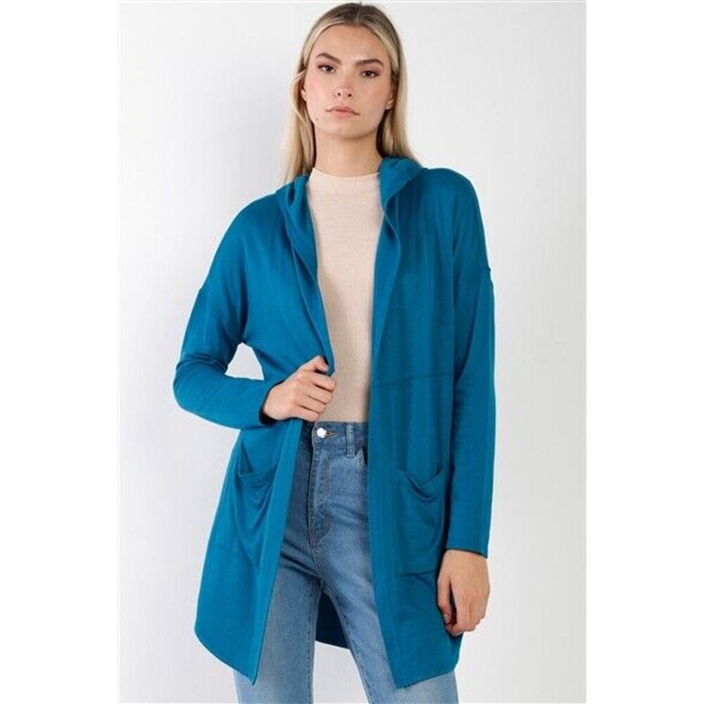 Blue Long Sleeve Open Front Hooded Cardigan